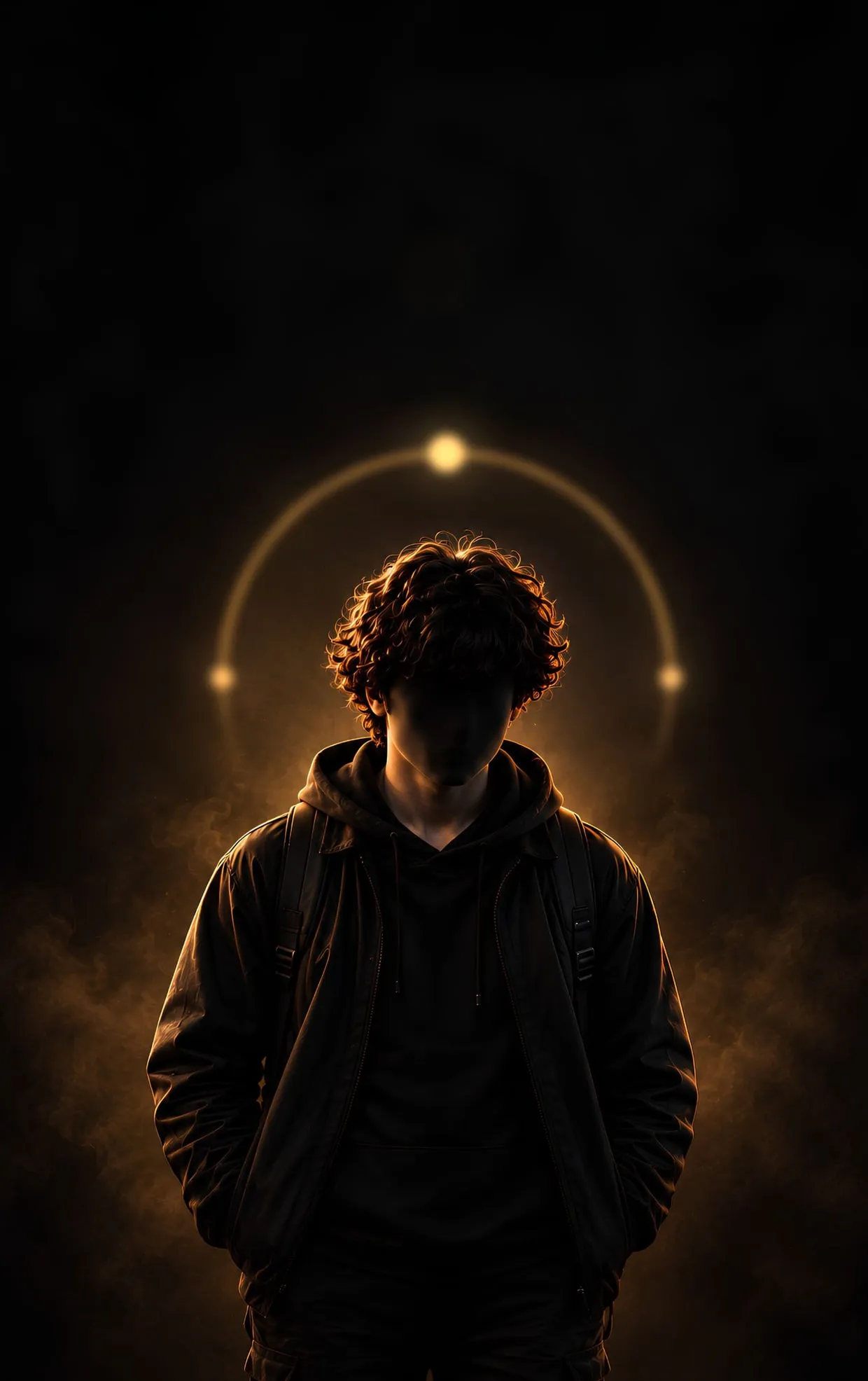 The figure from the book cover: curly hair, hooded jacket, a ring of light behind his head.